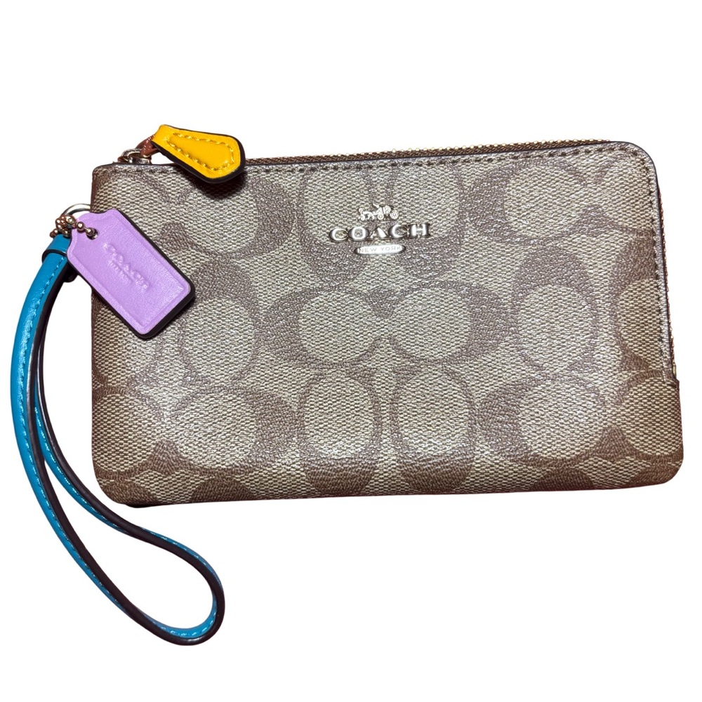 Coach | Brown Tan Monogram Colorful Tag Wallet Essential Wristlet Coin Purse